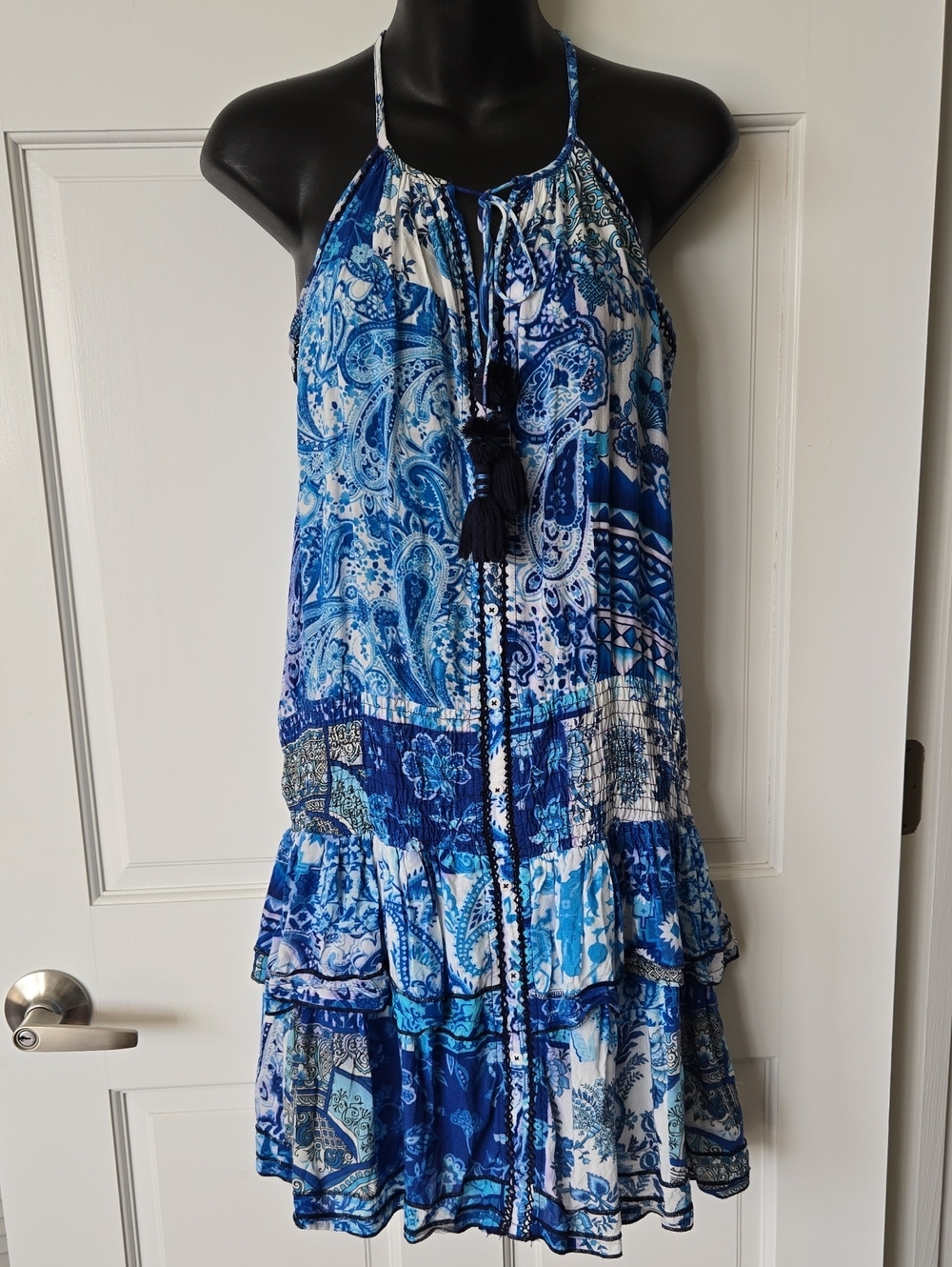 Tolani Blue Paisley Tiered Halter Dress